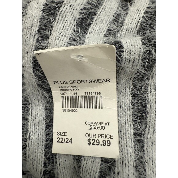 Cato Plus 22/24W Gray White Fuzzy Knit Cardigan Striped Open Front Cozycore Boho - Picture 9 of 10